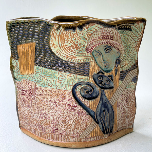 Handcrafted Lady with Cat Pottery Vase or Utensil Holder