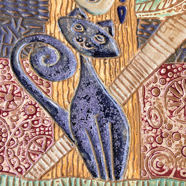 Woman with Cat Wall Art – Handmade Ceramic Portrait for Cat Lovers