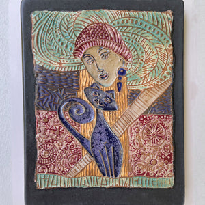 Woman with Cat Wall Art – Handmade Ceramic Portrait for Cat Lovers