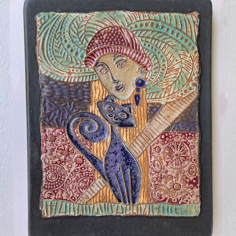 Woman with Cat Wall Art – Handmade Ceramic Portrait for Cat Lovers