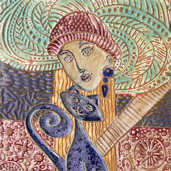Woman with Cat Wall Art – Handmade Ceramic Portrait for Cat Lovers