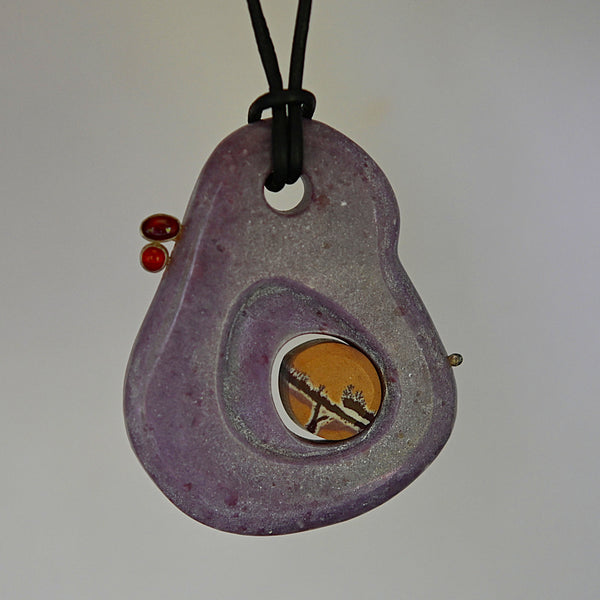 Lepidolite Carving with Garnet,  Carnelian, Sonoran Ryolite and Sterling Silver Pendant