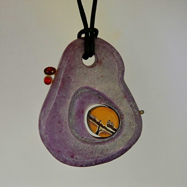 Lepidolite Carving with Garnet,  Carnelian, Sonoran Ryolite and Sterling Silver Pendant