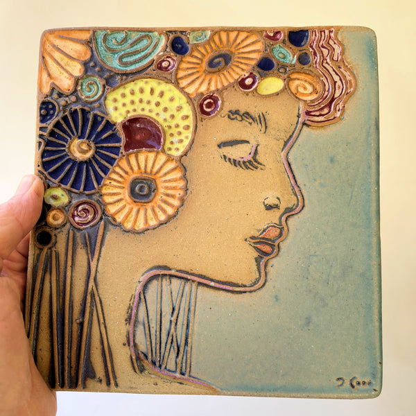 Portriat with Flowers – Ceramic Pottery Wall Tile