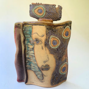 Portrait with Peacock Feathers Pottery Vessel with lid