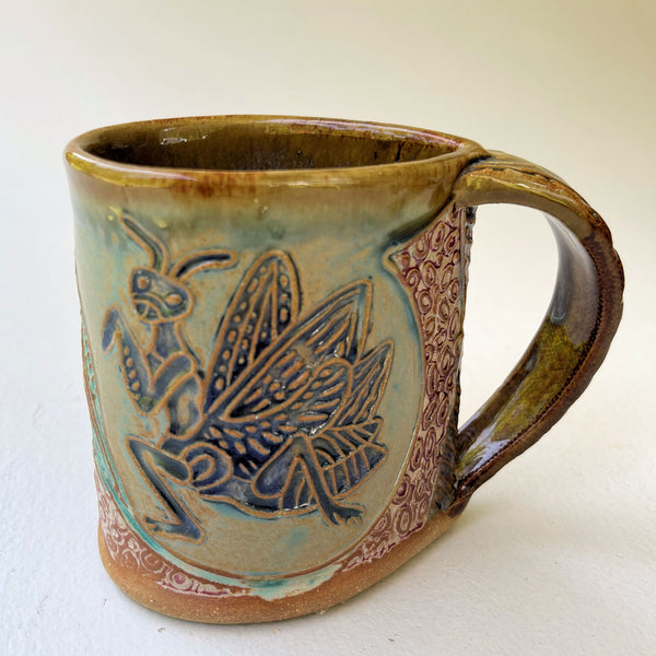 Praying Mantis Pottery Mug Coffee Cup Handmade Stoneware Functional Tableware 12 oz