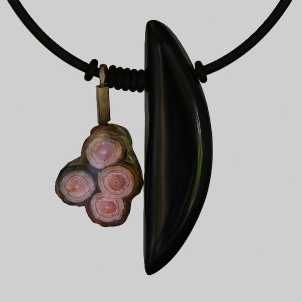 Sterling Silver Black Jade, Gem Silica, Pinolith  & Rhodochrosite Pendant