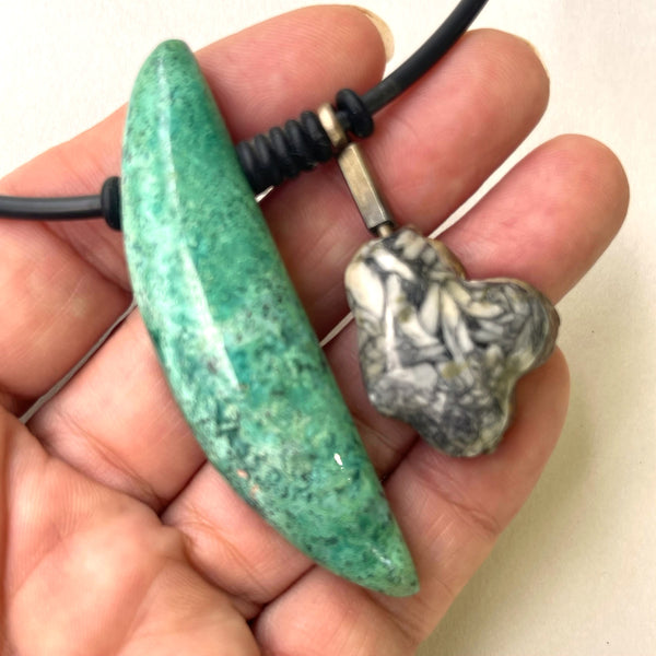Sterling Silver Black Jade, Gem Silica, Pinolith  & Rhodochrosite Pendant