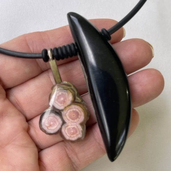 Sterling Silver Black Jade, Gem Silica, Pinolith  & Rhodochrosite Pendant