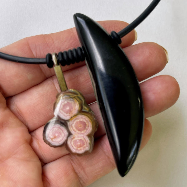 Sterling Silver Black Jade, Gem Silica, Pinolith  & Rhodochrosite Pendant