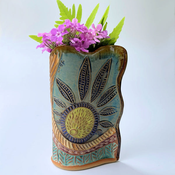 Sun Flower Vase  Hand Made Pottery High Fired Clay Vase