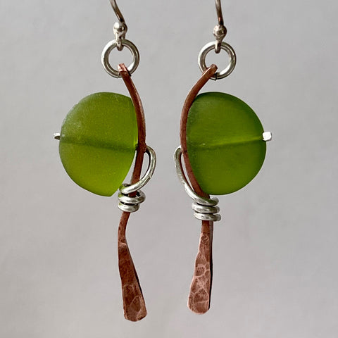 Sterling Silver, Copper and custom cut green Sea Glass Earrings
