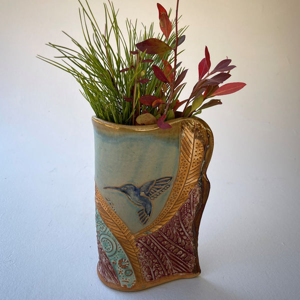 Hummingbird Vase  Pottery High Fired Clay Vase