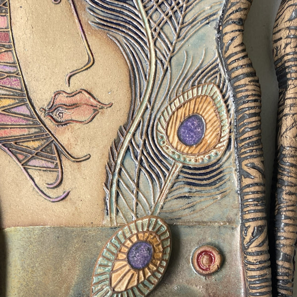 Portrait with Peacock Feathers Wall Hanging Ceramic Sculpture