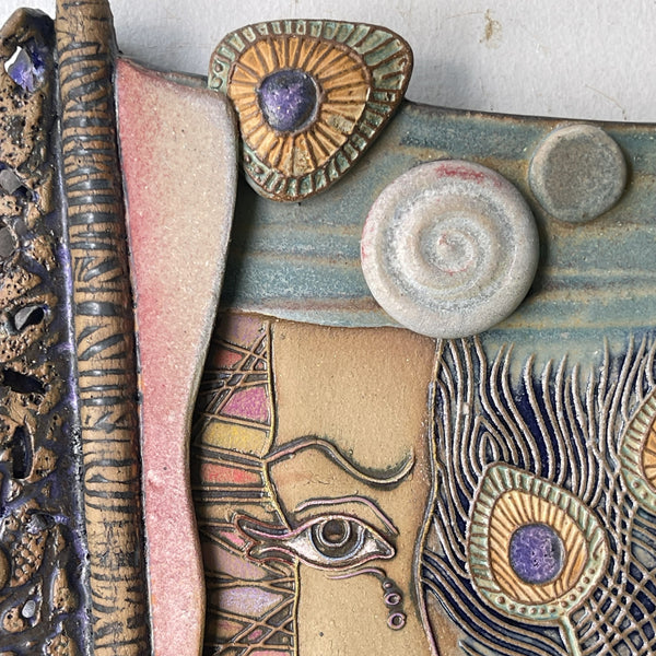 Portrait with Peacock Feathers Wall Hanging Ceramic Sculpture