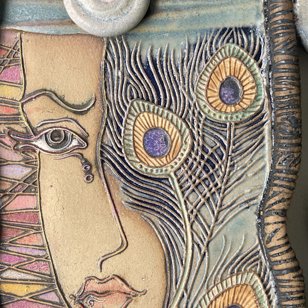 Portrait with Peacock Feathers Wall Hanging Ceramic Sculpture