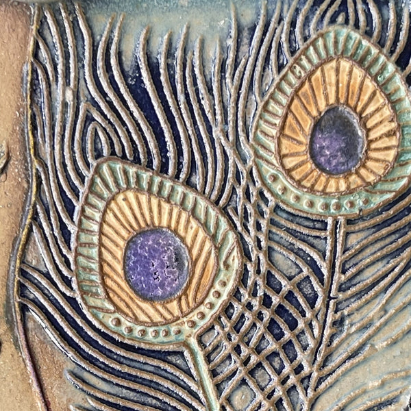Portrait with Peacock Feathers Wall Hanging Ceramic Sculpture