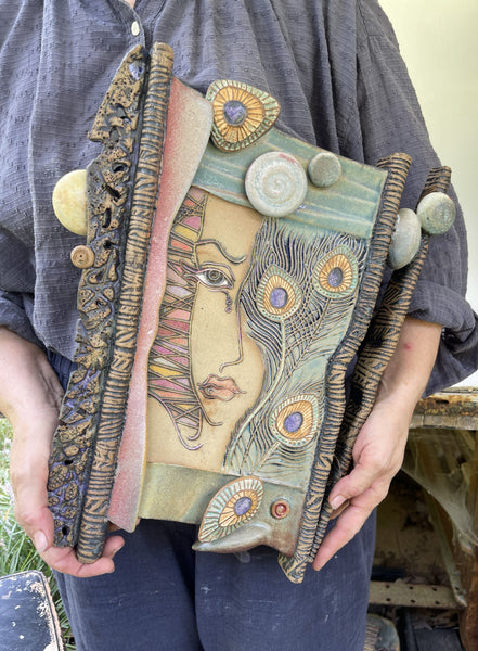 Portrait with Peacock Feathers Wall Hanging Ceramic Sculpture
