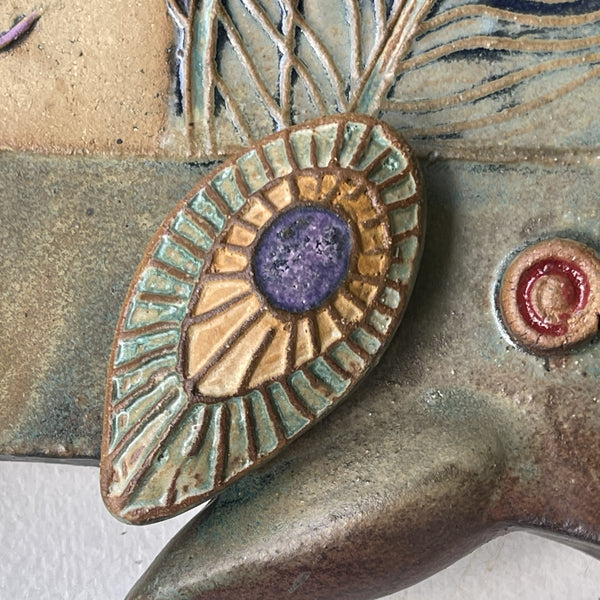 Portrait with Peacock Feathers Wall Hanging Ceramic Sculpture