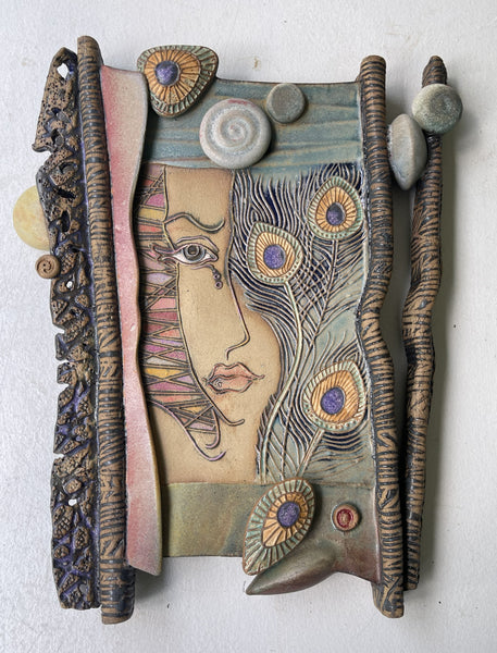 Portrait with Peacock Feathers Wall Hanging Ceramic Sculpture