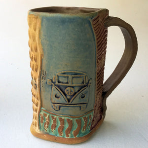 Hippie Bus Pottery Mug Coffee Cup Handmade Textural Design Functional Tableware  16 oz oz