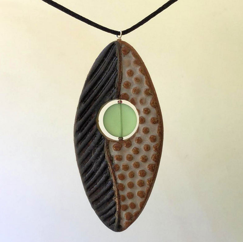 Clay Pendant Necklace with Sea Glass Bead