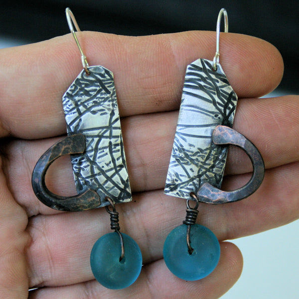 Sterling Silver, Copper and Blue Sea Glass Earrings