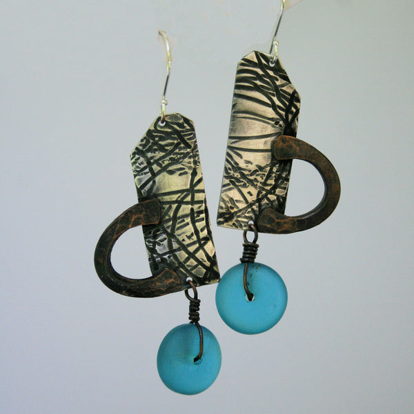 Sterling Silver, Copper and Blue Sea Glass Earrings