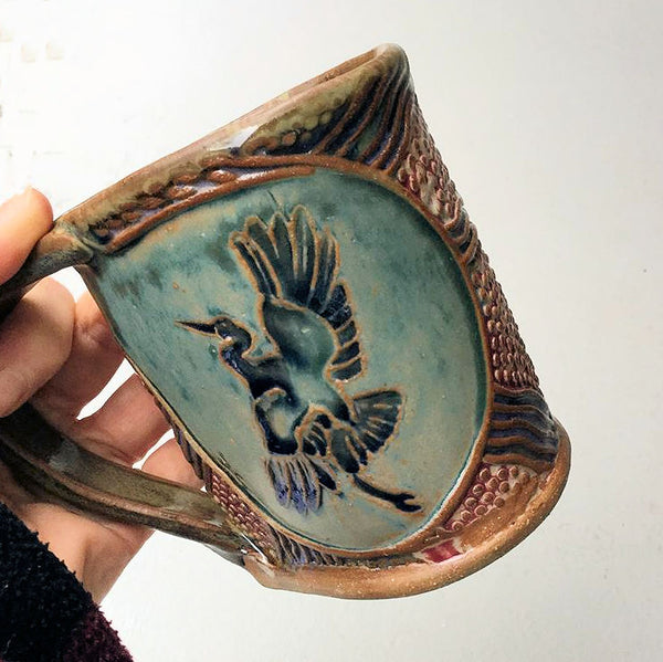 Egret Blue Heron Pottery Mug Coffee Cup Handmade Textural Design Functional Tableware  12 oz