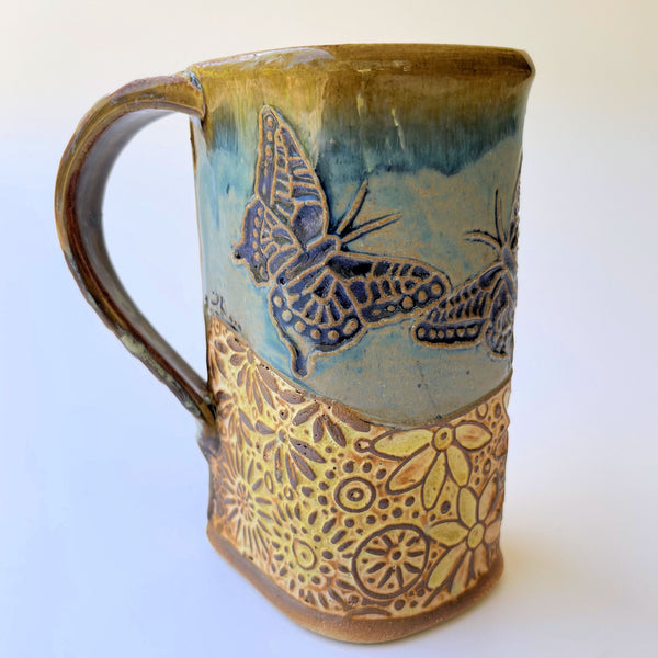 Butterfly Pottery Mug Coffee Cup Handmade Textural Design Functional Tableware 16 oz