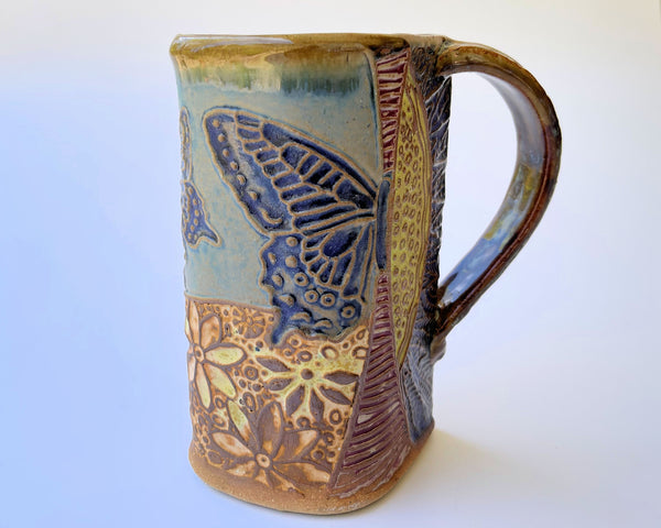 Butterfly Pottery Mug Coffee Cup Handmade Textural Design Functional Tableware 16 oz