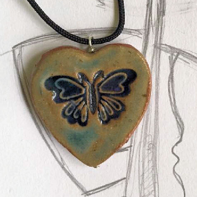 Butterfly Pendant Heart Shaped Necklace Clay Pocket Reminder Pottery Handmade