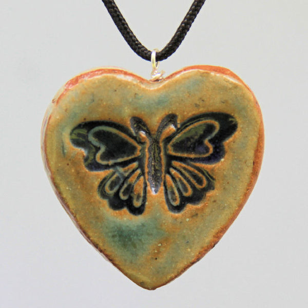 Butterfly Pendant Heart Shaped Necklace Clay Pocket Reminder Pottery Handmade