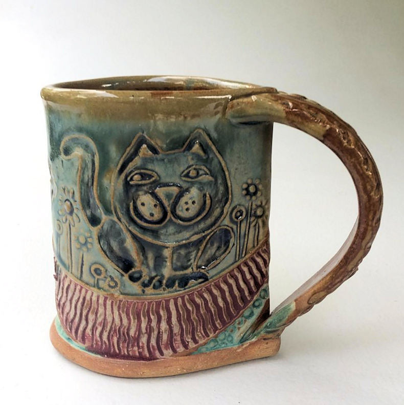 Cat Pottery Mug Coffee Cup Handmade Tableware Functional 12 oz