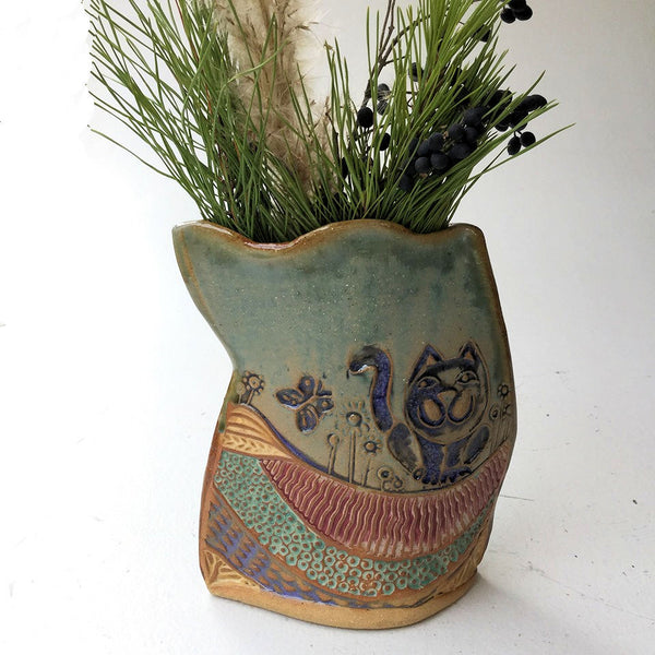 Cat Pottery Flower Vase Hand Made Clay Flower Holder