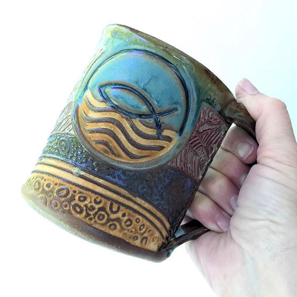 Ichthys Symbol Pottery Mug Coffee Cup Handmade Textural Design Functional Tableware 12 oz