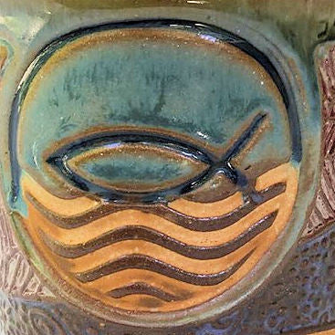 Ichthys Symbol Pottery Mug Coffee Cup Handmade Textural Design Functional Tableware 12 oz