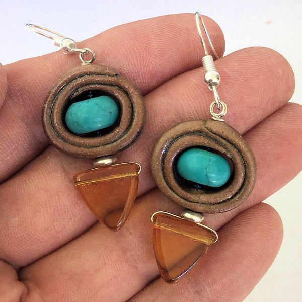 Earrings with Hand Made Stoneware Pottery Bead