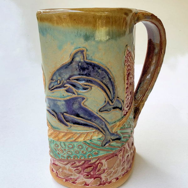 Dolphin Pottery Mug Coffee Cup Handmade Textural Design Functional Tableware  16 o