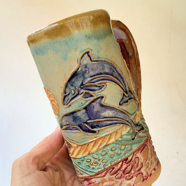 Dolphin Pottery Mug Coffee Cup Handmade Textural Design Functional Tableware  16 o