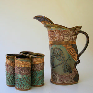 Dragonfly Pitcher Set with Four Tumblers, Pottery, Dishwasher Safe, Pottery, Ceramics