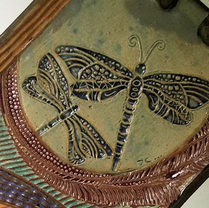 Dragonfly Rectangle Platter , Dish, Pottery, Clay, Hand made, Hand Built Textural Tray