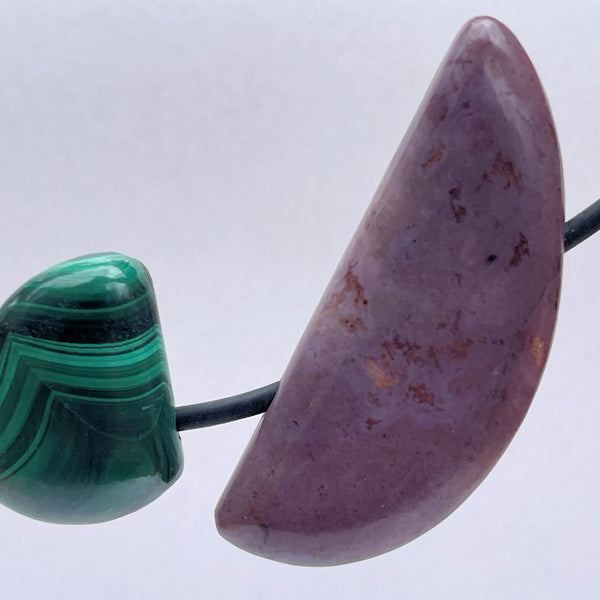 Feather ridge plume agate, congo malachite, purple jade and pinolith pendant