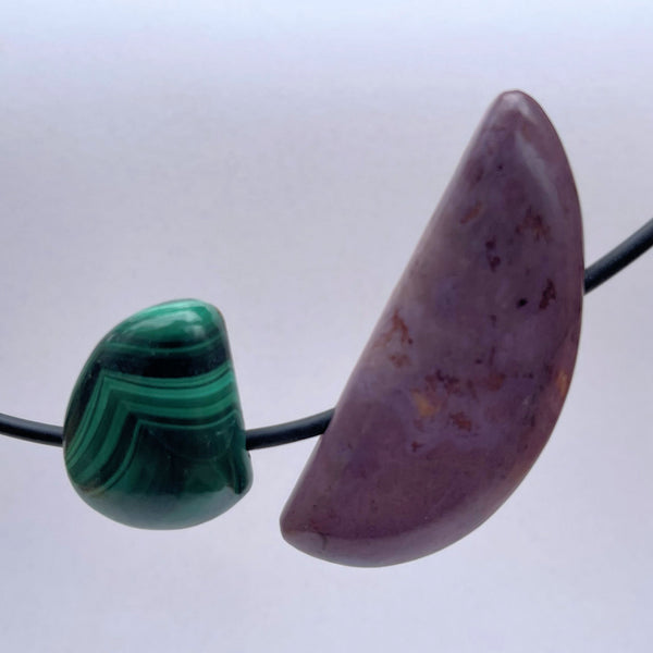 Feather ridge plume agate, congo malachite, purple jade and pinolith pendant