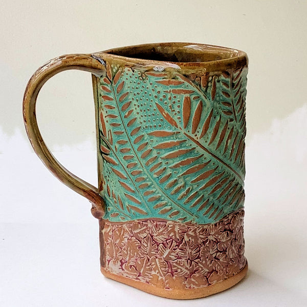 Tropical Foliage Pottery Mug Selloum Philodendron Coffee Cup Fern Handmade 16 oz