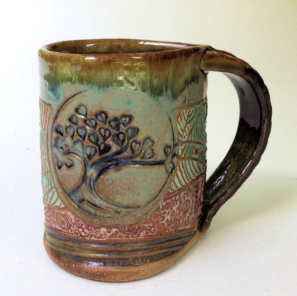 Tree of Life Pottery Mug Coffee Cup Handmade Textural Design Functional Tableware  12 oz