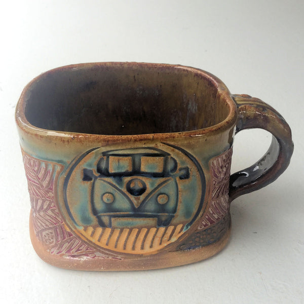 Hippie Bus Pottery Mug Soup Mug Handmade Textural Design Functional Tableware  18 oz