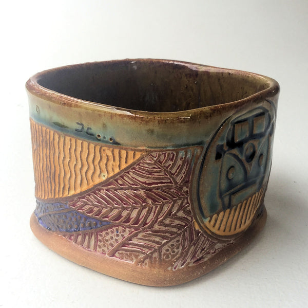 Hippie Bus Pottery Mug Soup Mug Handmade Textural Design Functional Tableware  18 oz
