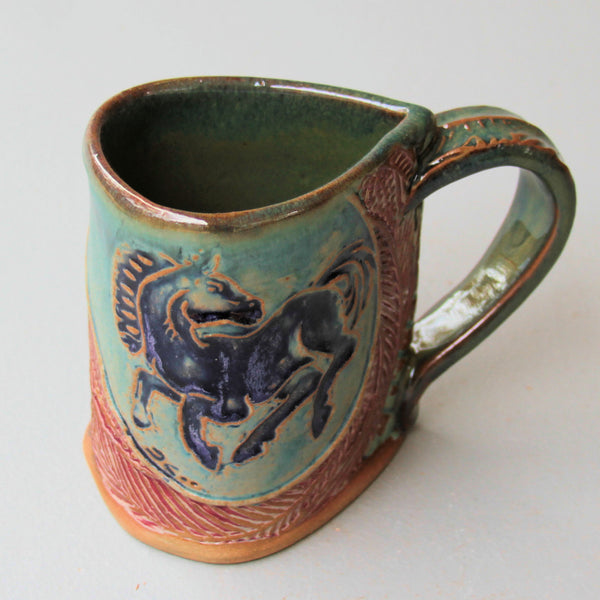 Horse Mug Black Horse Handmade Pottery Clay Coffee Cup 12 oz