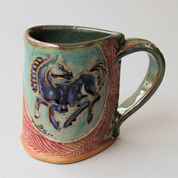 Horse Mug Black Horse Handmade Pottery Clay Coffee Cup 12 oz